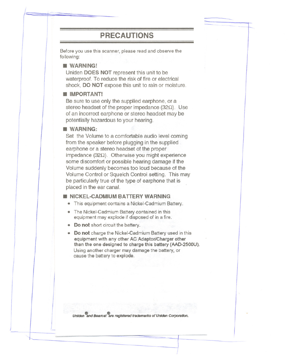 Precautions | Uniden UBC220XLT User Manual | Page 2 / 30