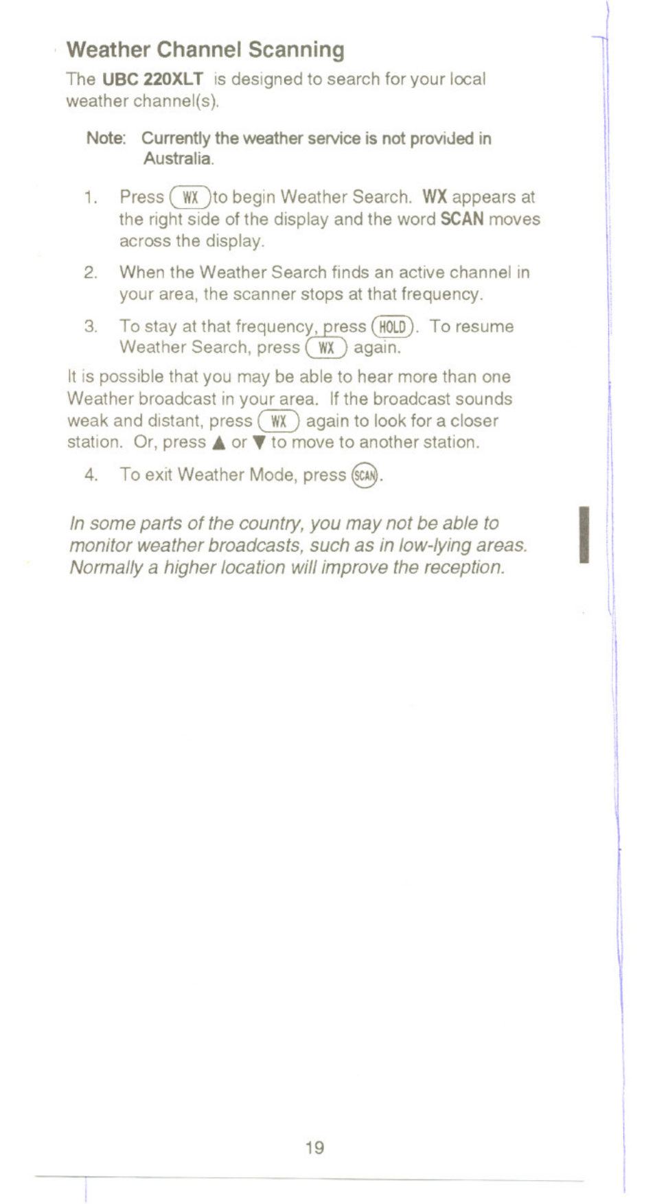 Weather channel scanning | Uniden UBC220XLT User Manual | Page 21 / 30