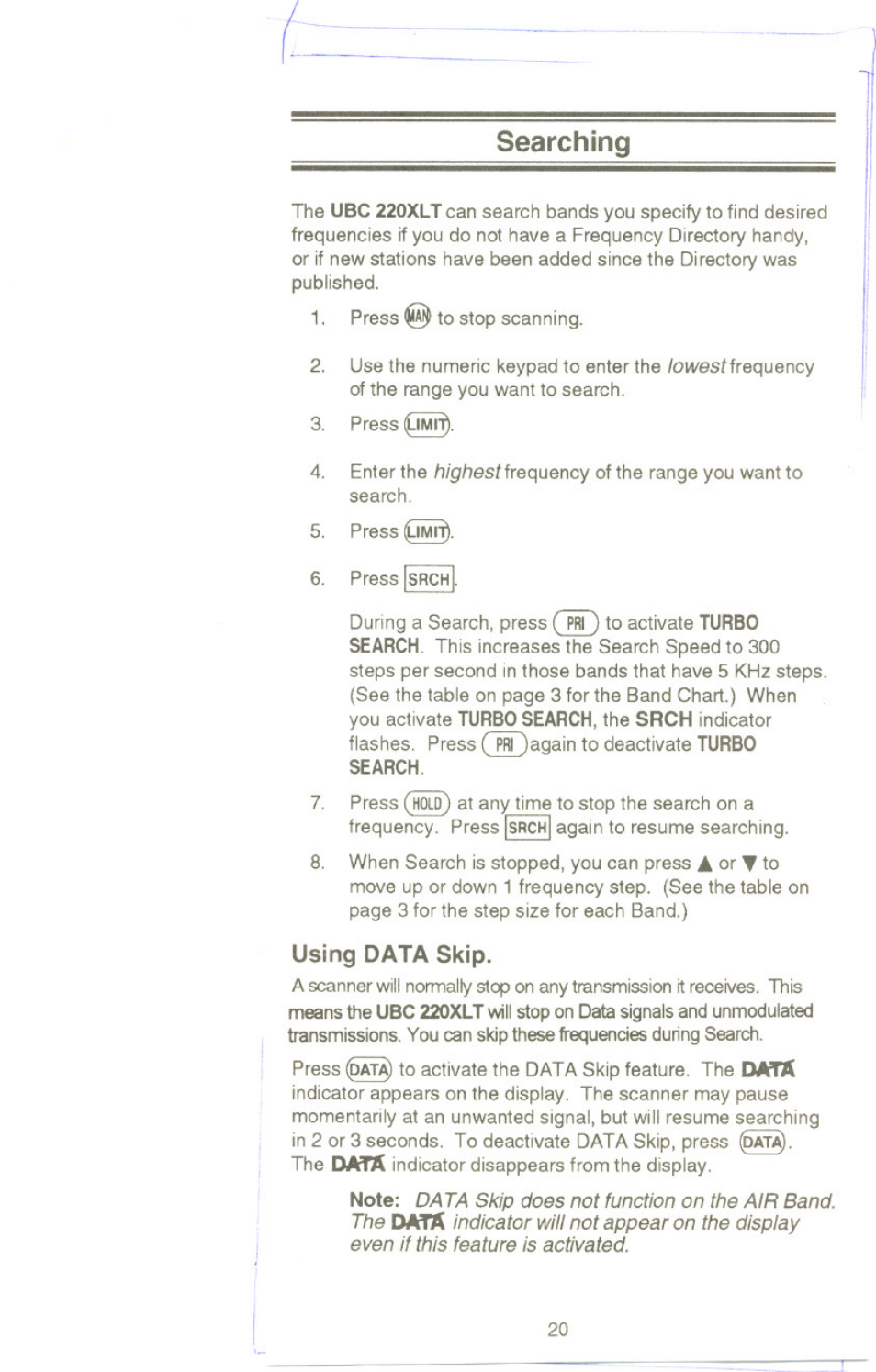 Searching, Using data skip, Data | Uniden UBC220XLT User Manual | Page 22 / 30