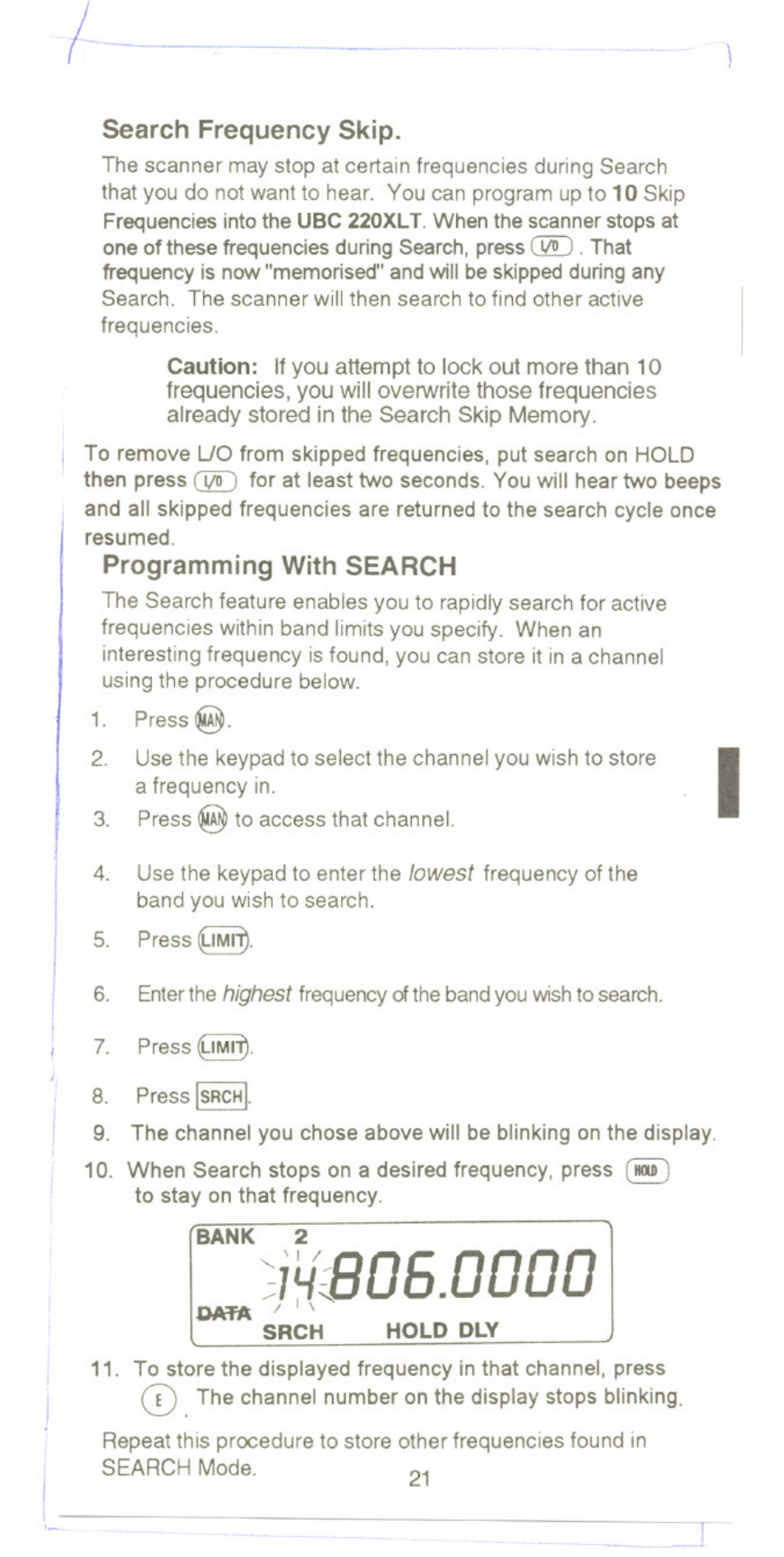 Search frequency skip, Programming with search, Search frequency skip programming with search | Uniden UBC220XLT User Manual | Page 23 / 30