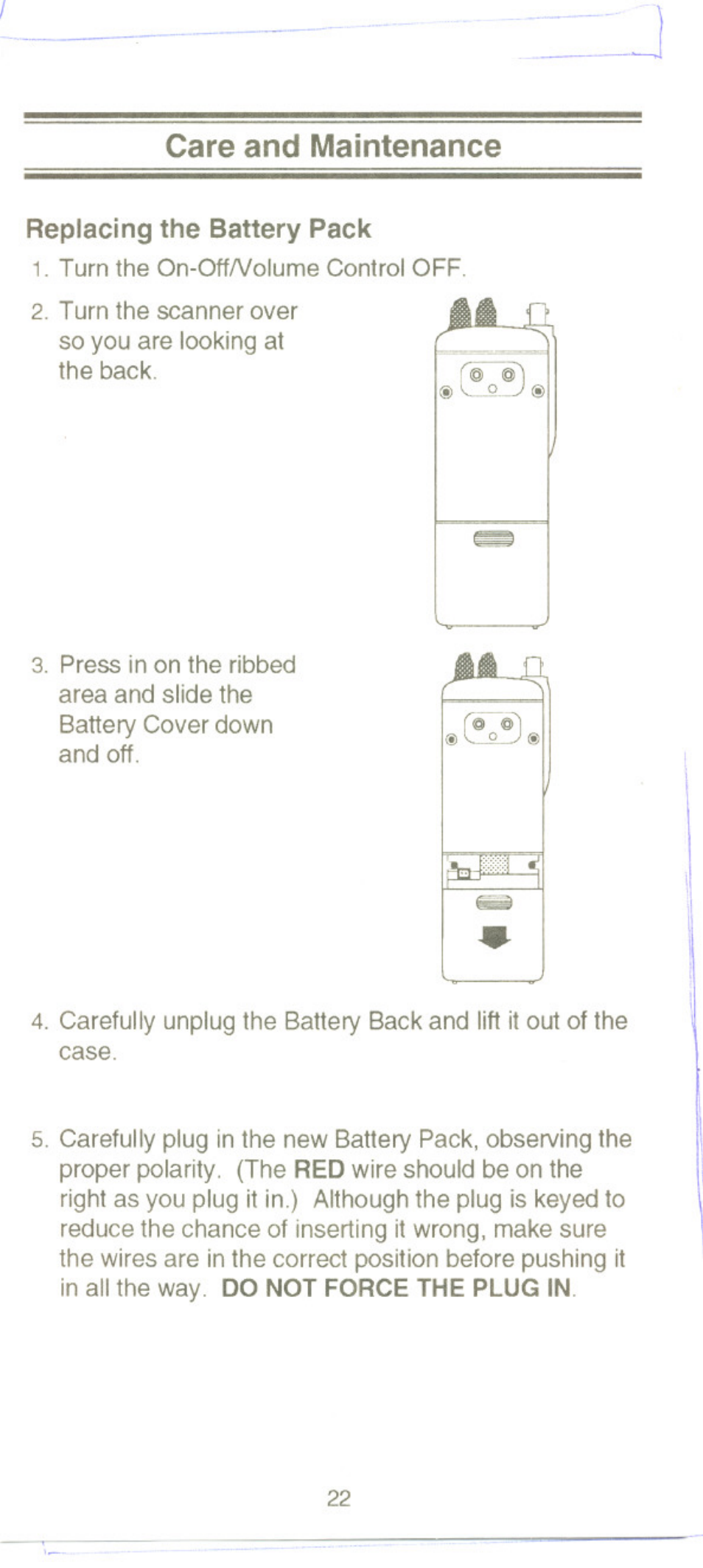 Care and maintenance, Replacing the battery pack | Uniden UBC220XLT User Manual | Page 24 / 30