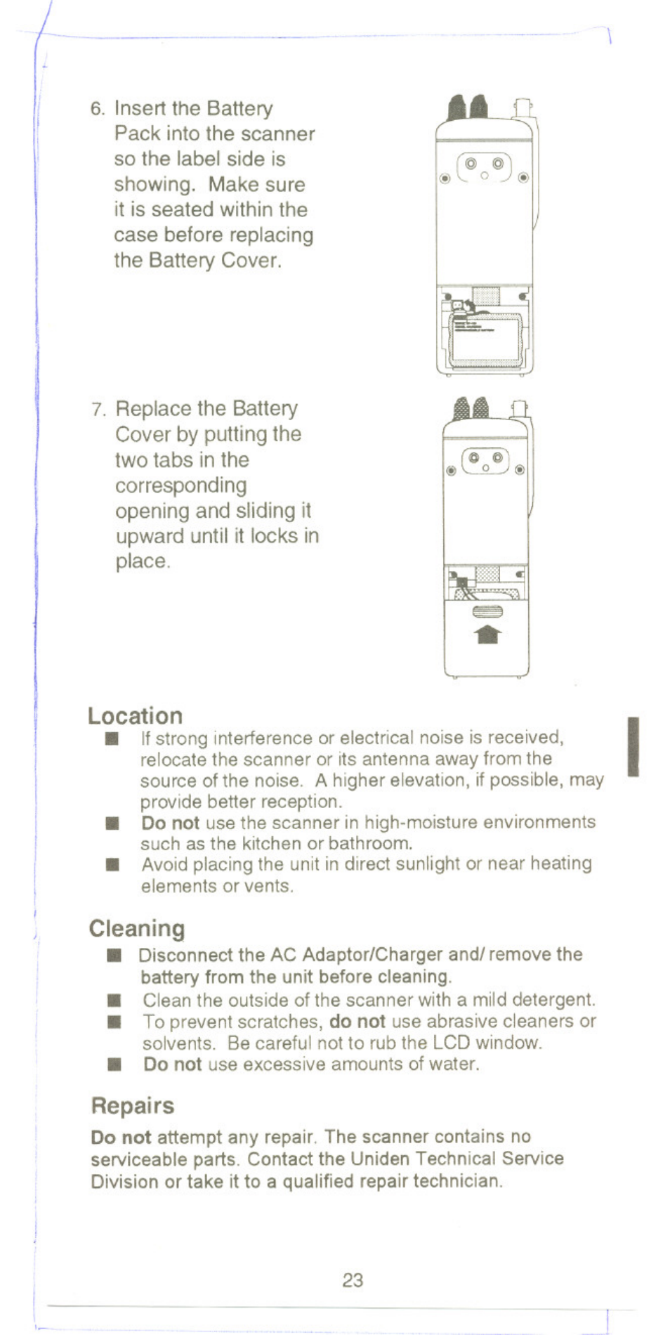 Location, Cleaning, Repairs | Uniden UBC220XLT User Manual | Page 25 / 30