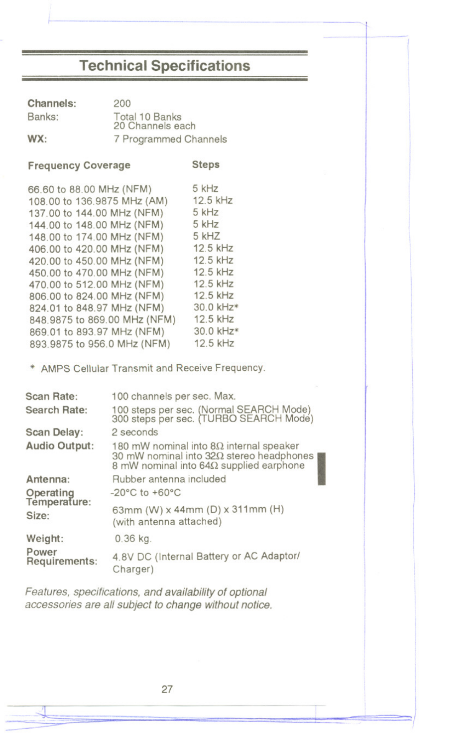Technical specifications, Channels, Frequency coverage | Steps, Scan rate: search rate, Scan delay: audio output, Antenna, Operating, Weight | Uniden UBC220XLT User Manual | Page 29 / 30