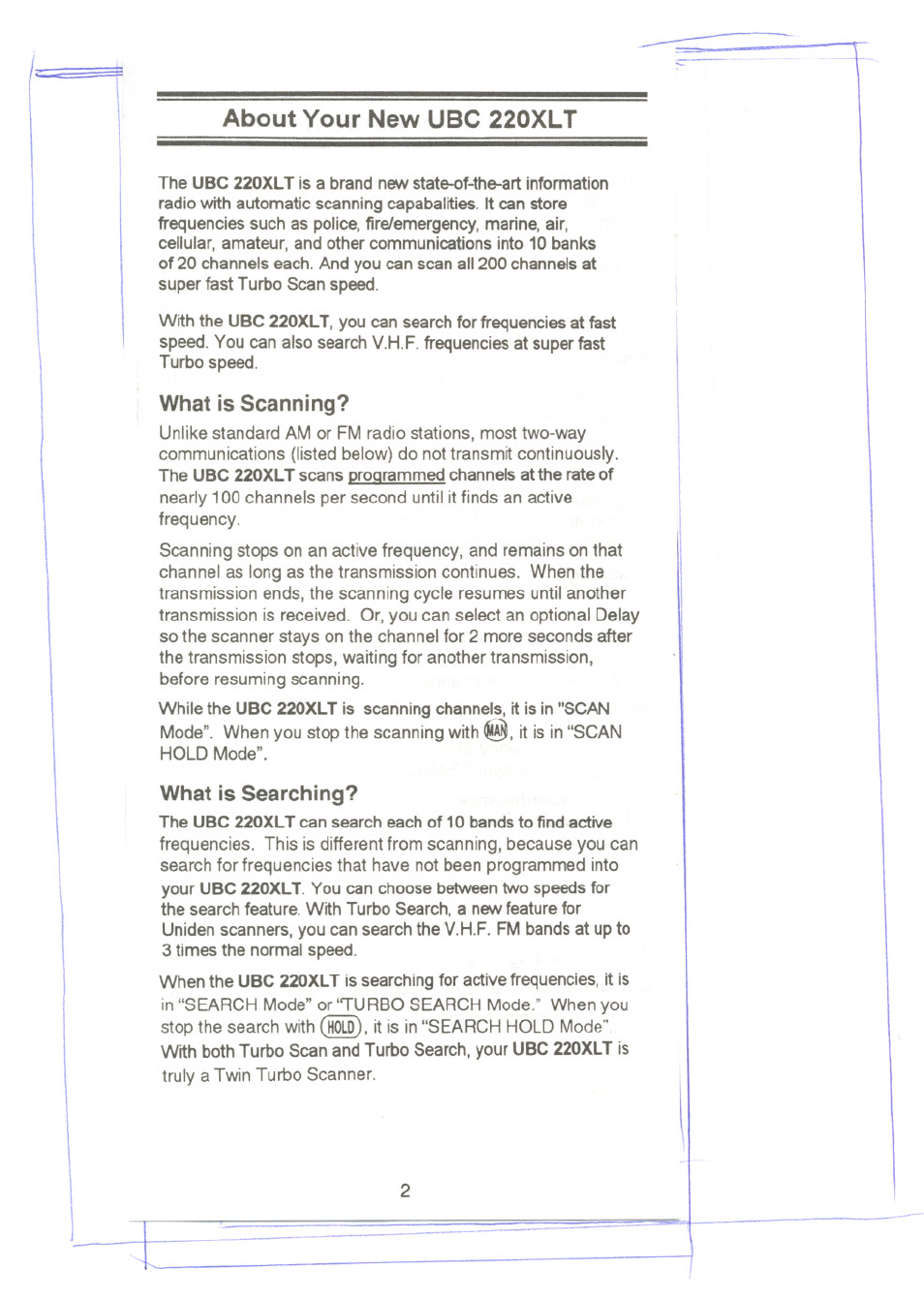 About your new ubc 220xlt, What is scanning, What is searching | What is scanning? what is searching | Uniden UBC220XLT User Manual | Page 4 / 30