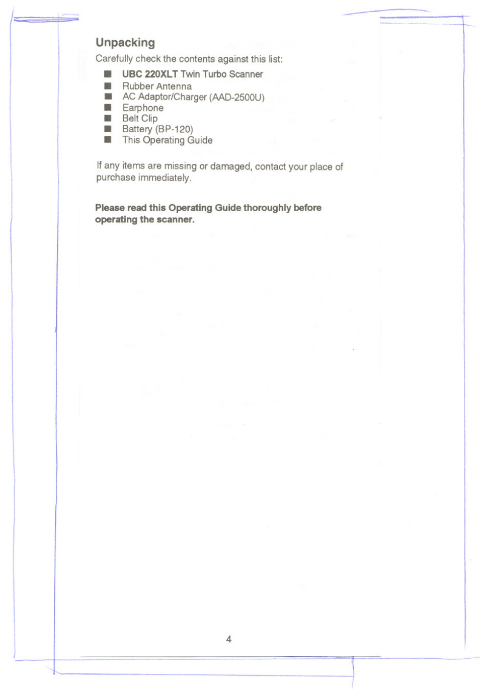 Unpacking | Uniden UBC220XLT User Manual | Page 6 / 30