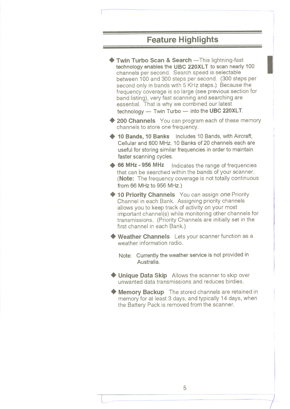 Feature highlights | Uniden UBC220XLT User Manual | Page 7 / 30