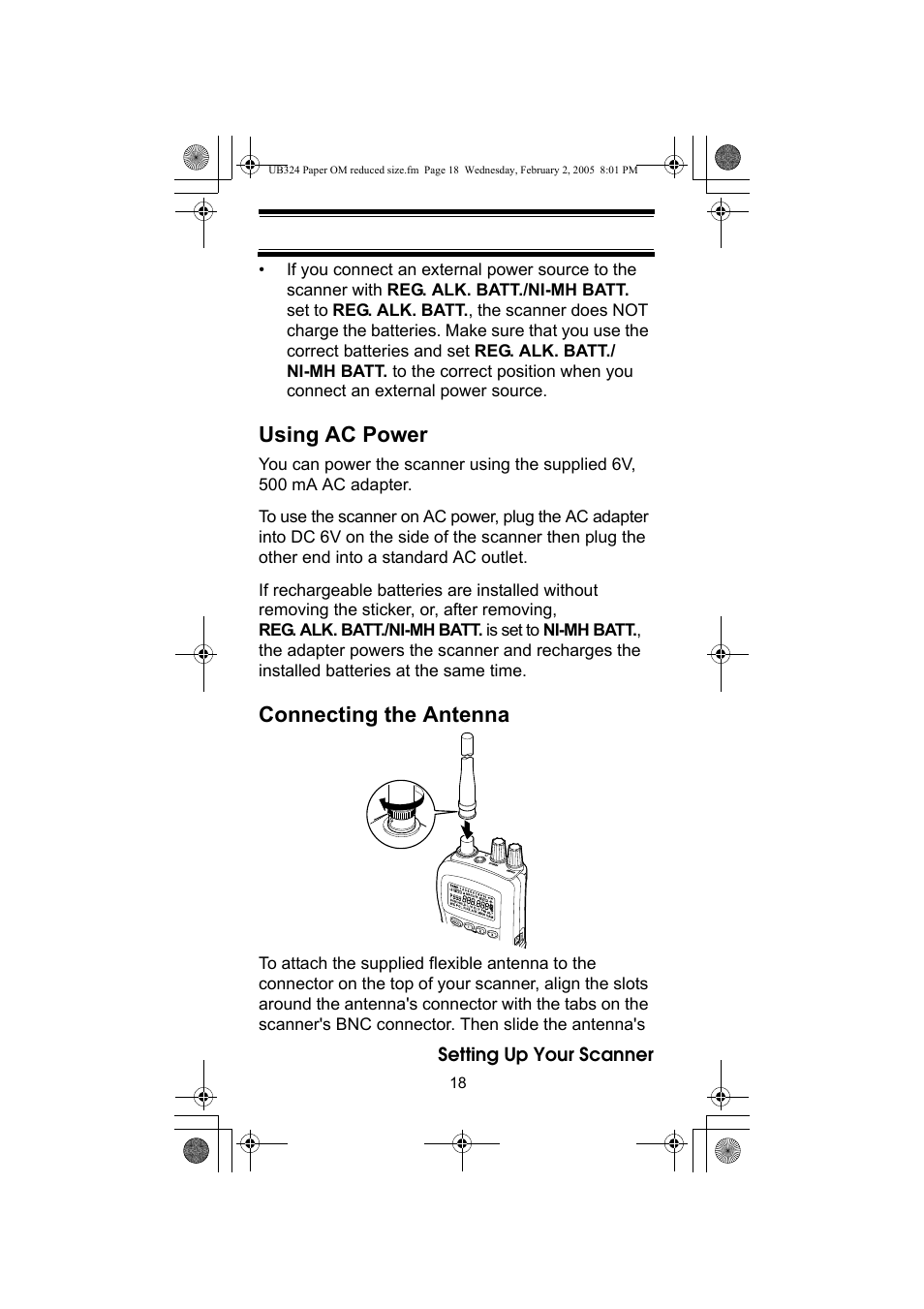 Using ac power, Connecting the antenna | Uniden UBC92XLT User Manual | Page 18 / 52