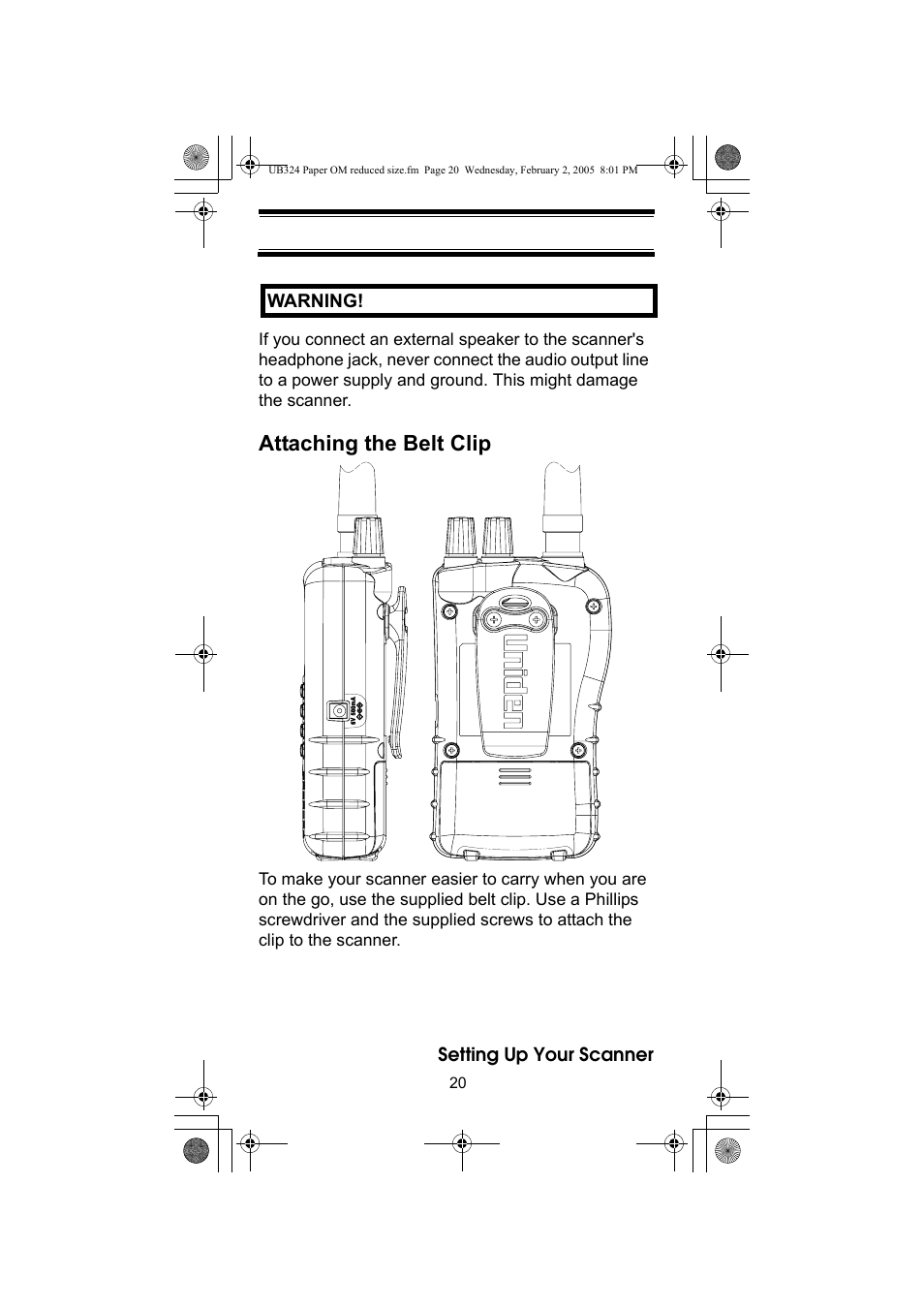 Attaching the belt clip | Uniden UBC92XLT User Manual | Page 20 / 52