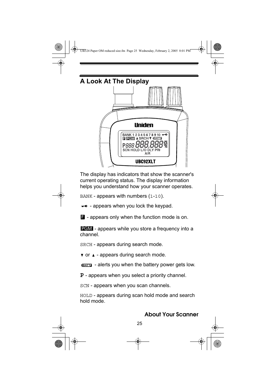 A look at the display | Uniden UBC92XLT User Manual | Page 25 / 52