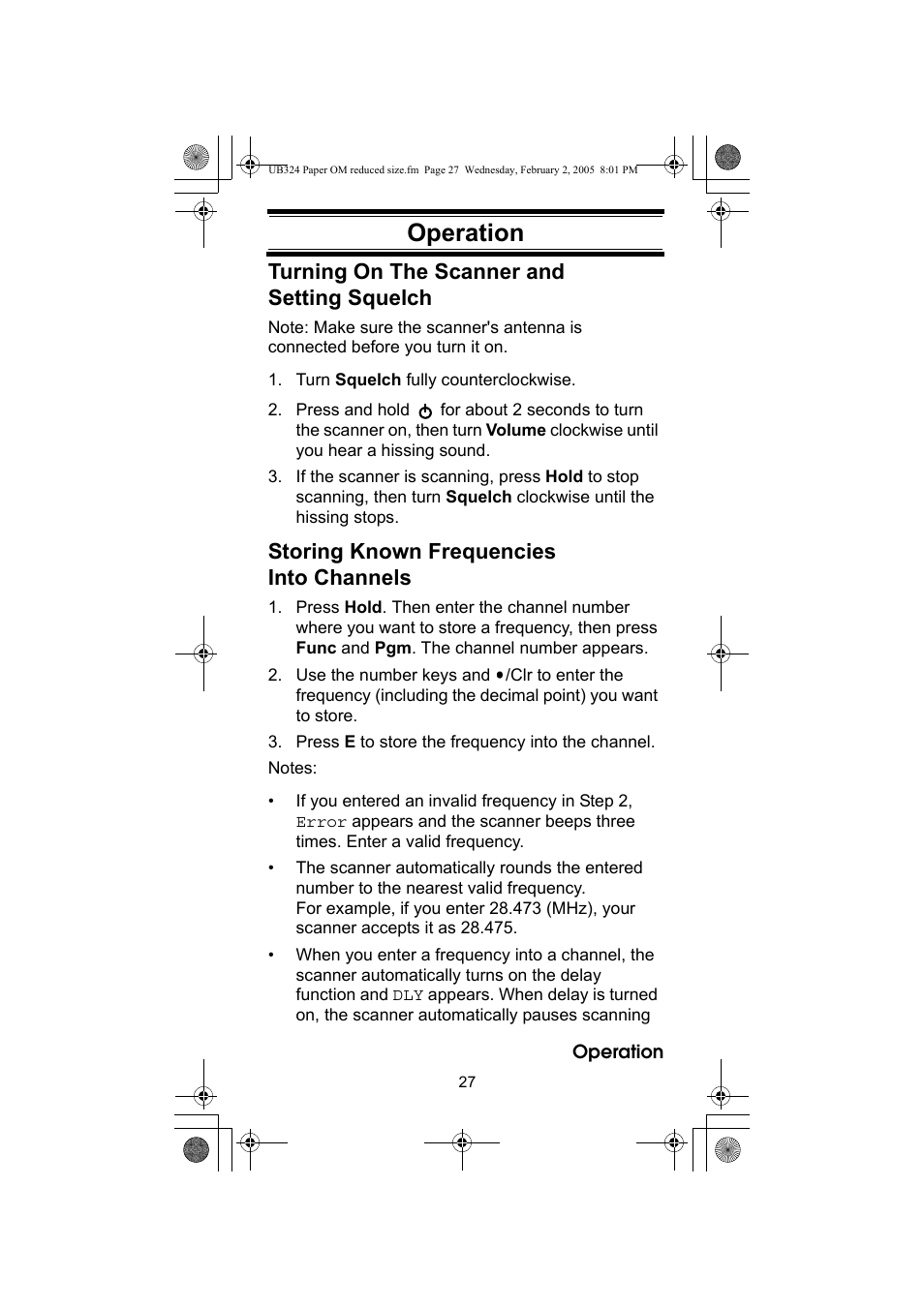 Operation, Turning on the scanner and setting squelch, Storing known frequencies into channels | Uniden UBC92XLT User Manual | Page 27 / 52