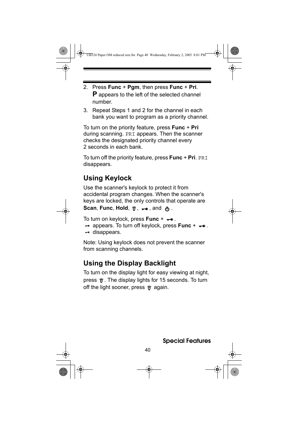 Using keylock, Using the display backlight | Uniden UBC92XLT User Manual | Page 40 / 52