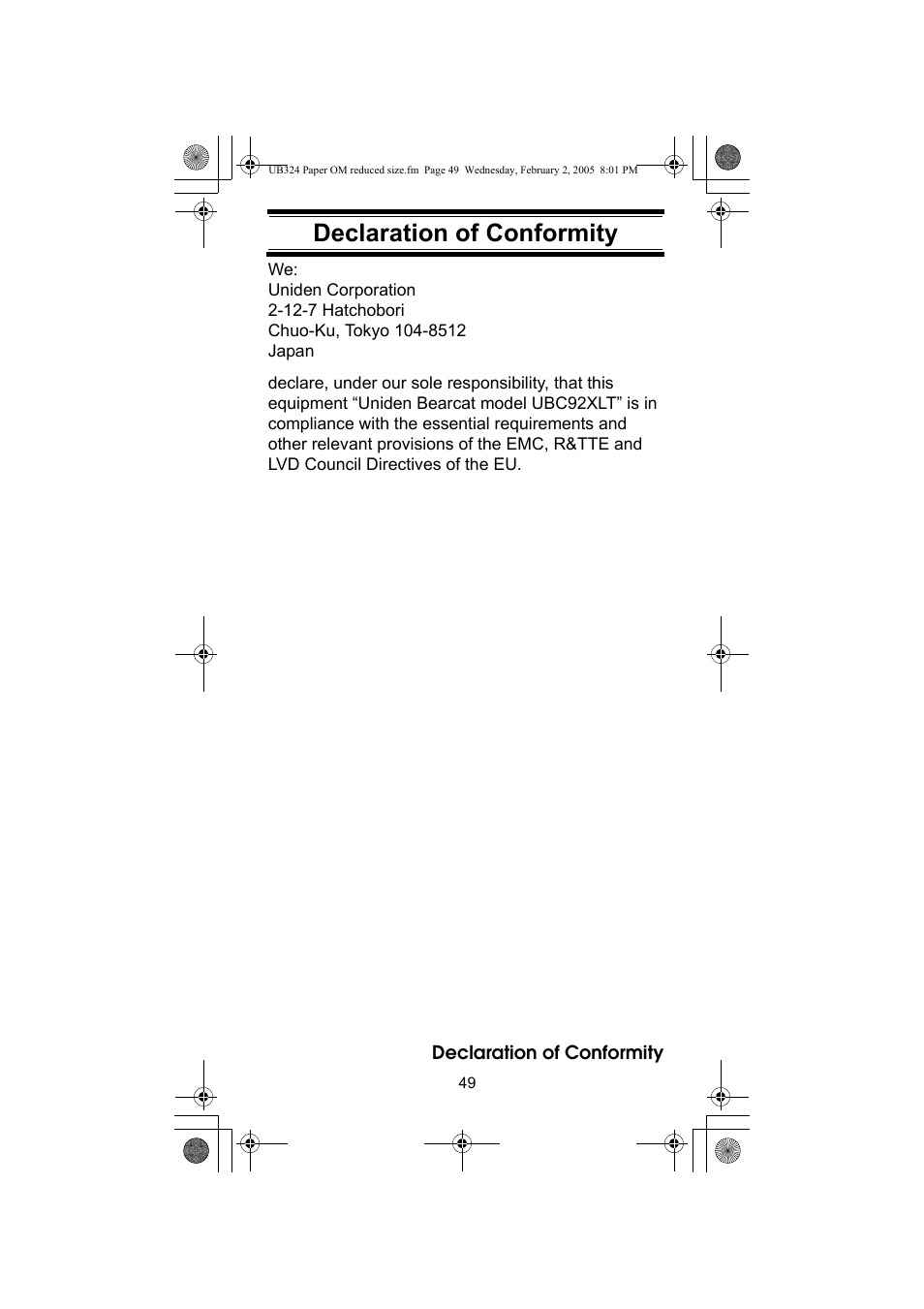 Declaration of conformity | Uniden UBC92XLT User Manual | Page 49 / 52