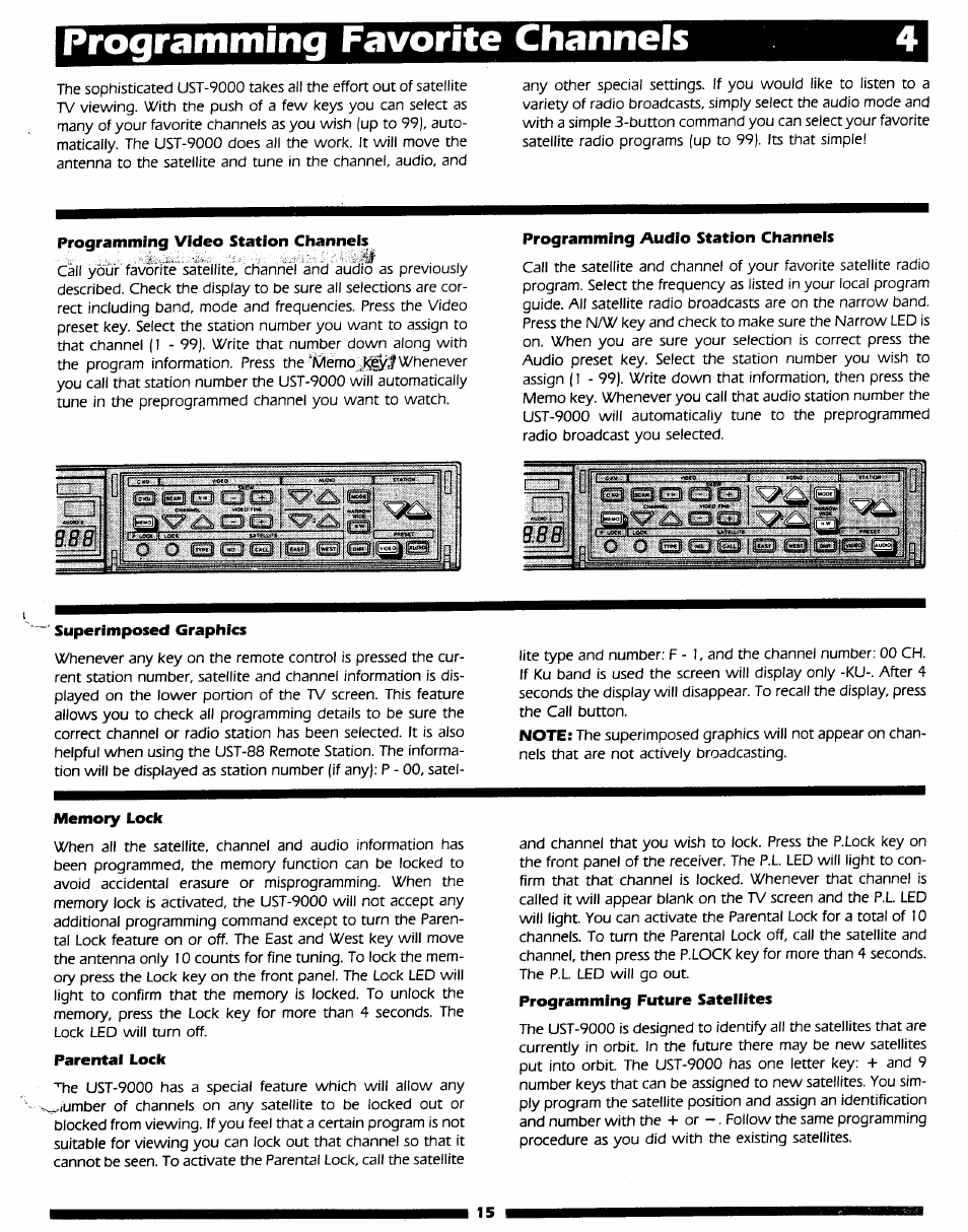 Programming video station channeis, Programming audio station channeis, Superimposed graphics | Memory lock, Parental lock, Channels, Programming favorite | Uniden UST-9000 User Manual | Page 10 / 13