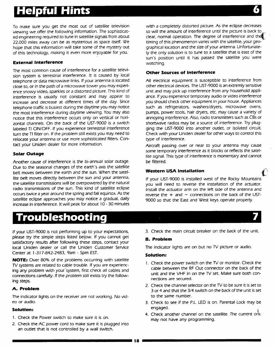 External interference, Solar outage, Other sources of interference | A. problem, Solution, B. problem, Helpful hints, Troubleshooting | Uniden UST-9000 User Manual | Page 12 / 13