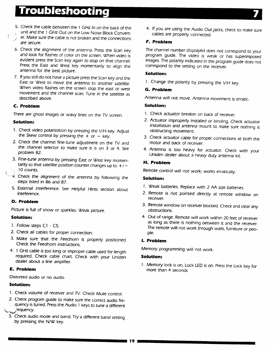 C. problem, Solution, D. problem | E. problem, F. problem, G. problem, H. problem, I. problem, Troubleshooting | Uniden UST-9000 User Manual | Page 13 / 13