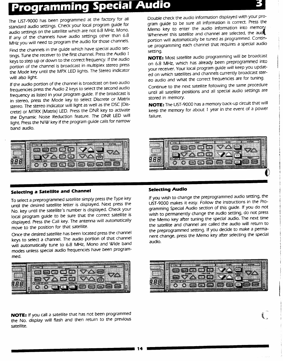 Selecting a satellite and channel, Selecting audio, Programming special audio | Uniden UST-9000 User Manual | Page 9 / 13
