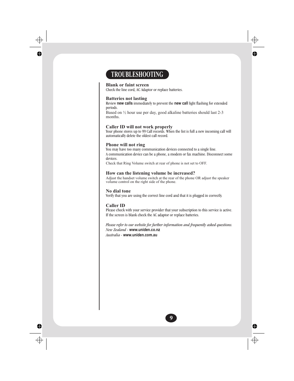 Troubleshooting | Uniden FP204 User Manual | Page 10 / 12