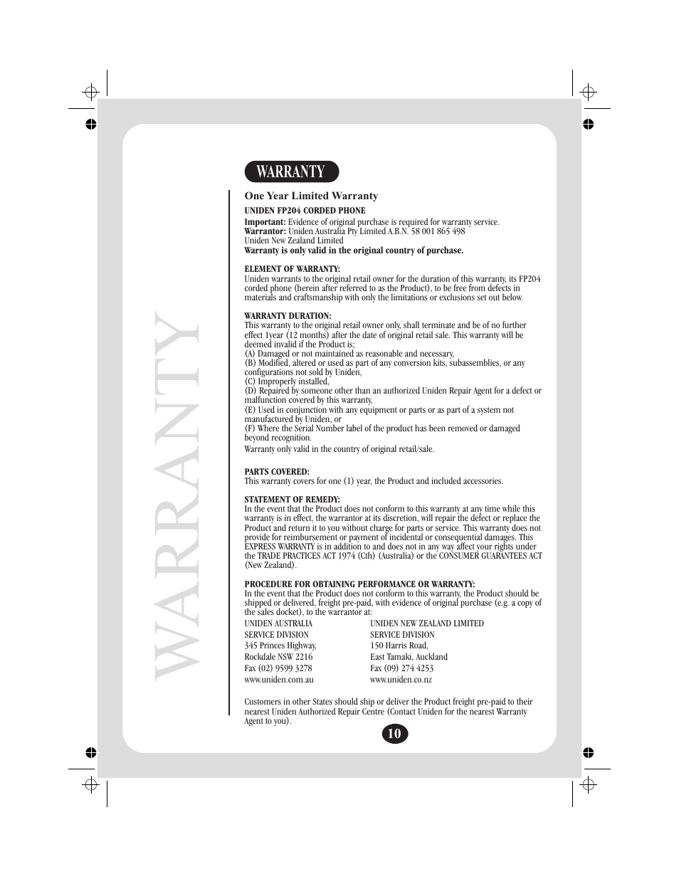 Warranty | Uniden FP204 User Manual | Page 11 / 12