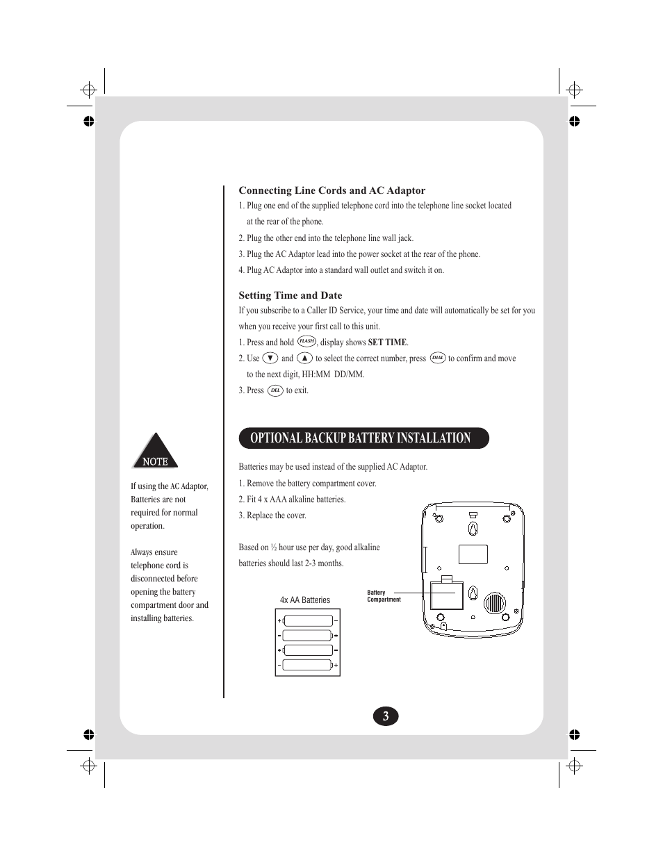 Optional backup battery installation | Uniden FP204 User Manual | Page 4 / 12