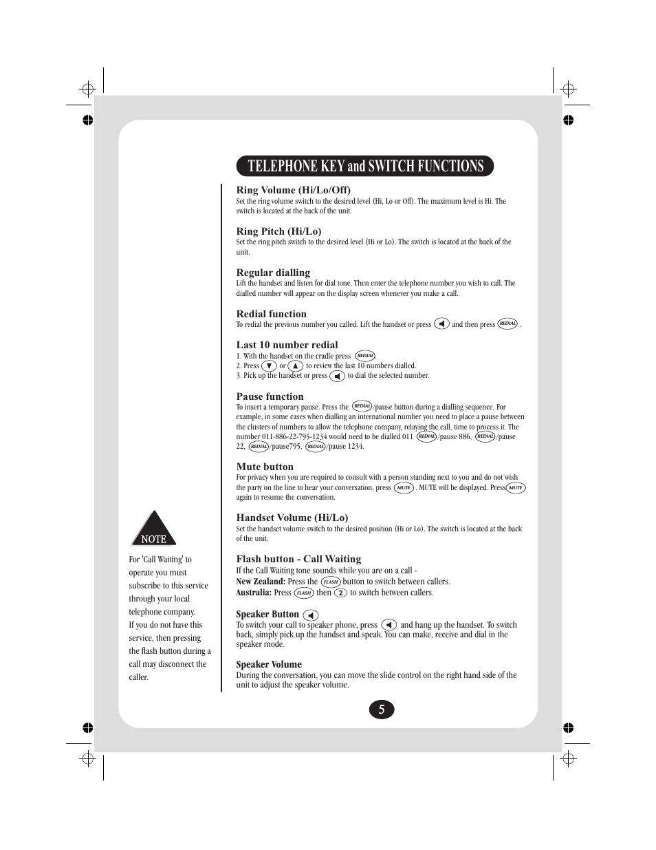 Telephone key and switch functions | Uniden FP204 User Manual | Page 6 / 12