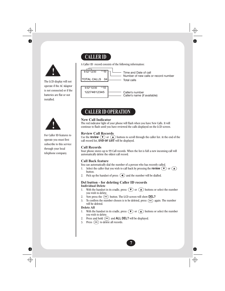 Caller id operation, Caller id | Uniden FP204 User Manual | Page 8 / 12