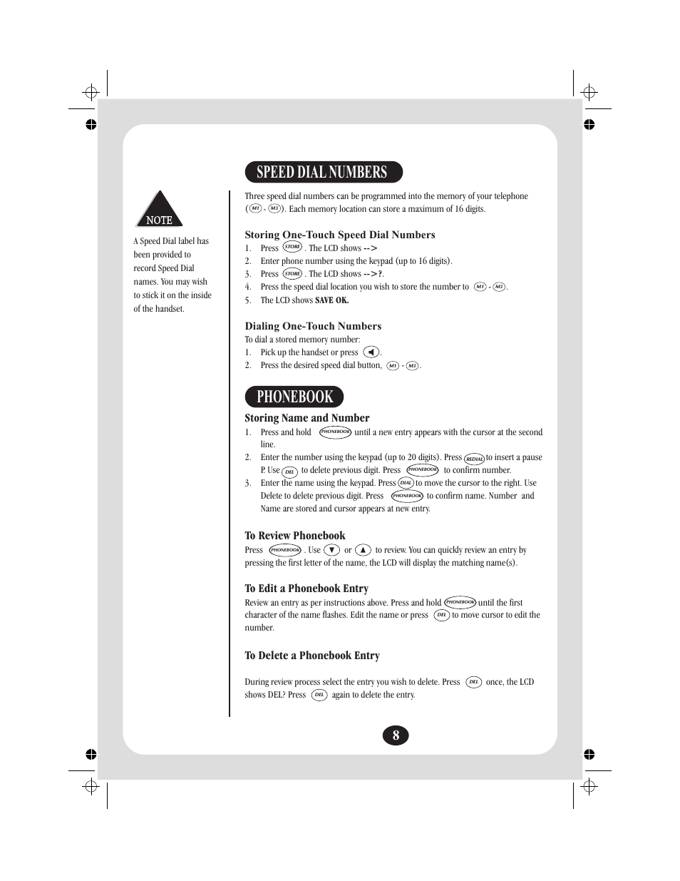 Speed dial numbers, Phonebook | Uniden FP204 User Manual | Page 9 / 12