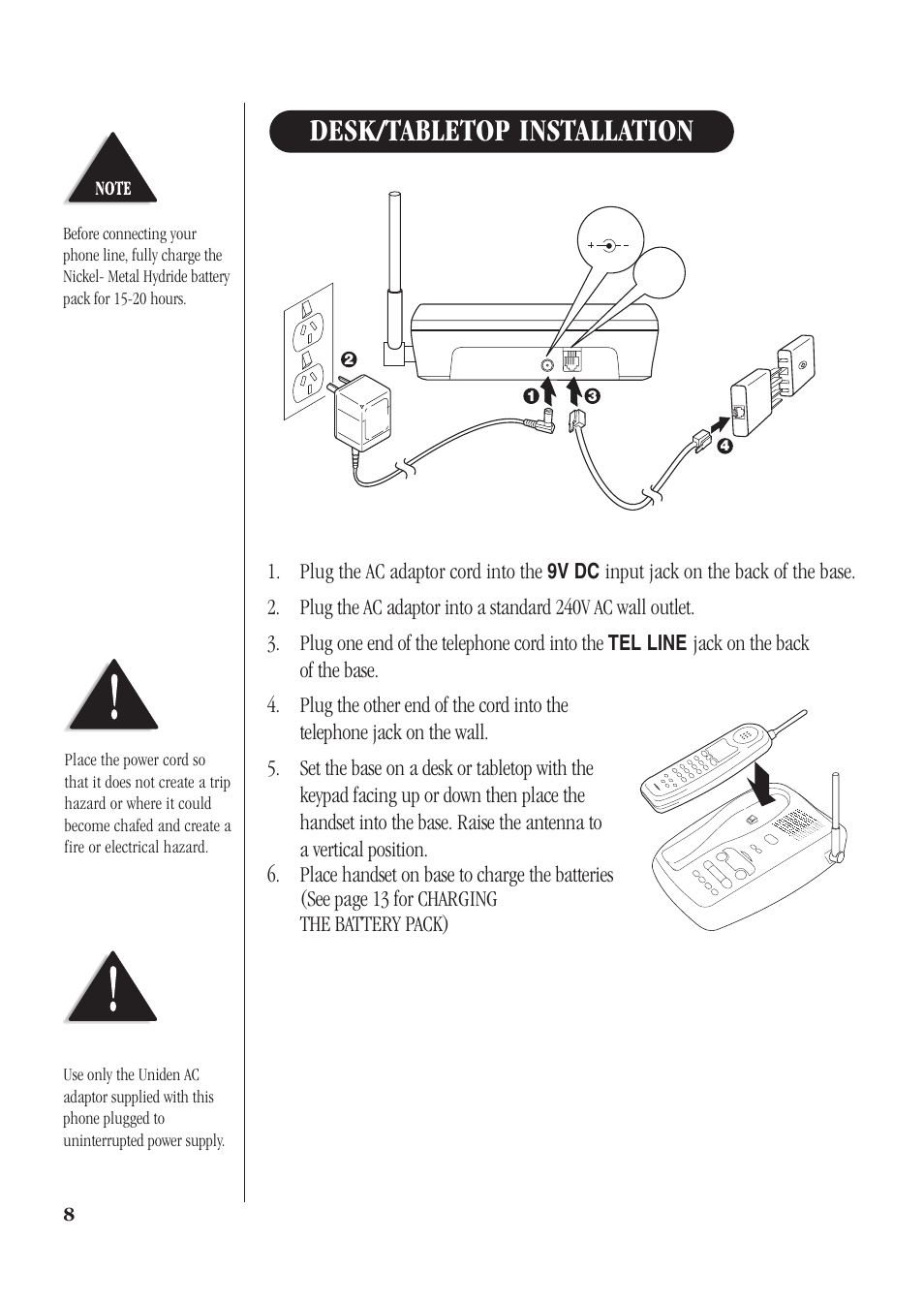 Desk/tabletop installation | Uniden DS73 User Manual | Page 12 / 36