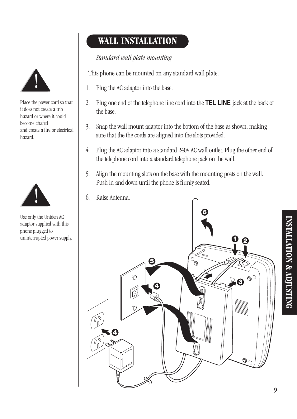 Wall installation, Inst alla tion & adjusting | Uniden DS73 User Manual | Page 13 / 36