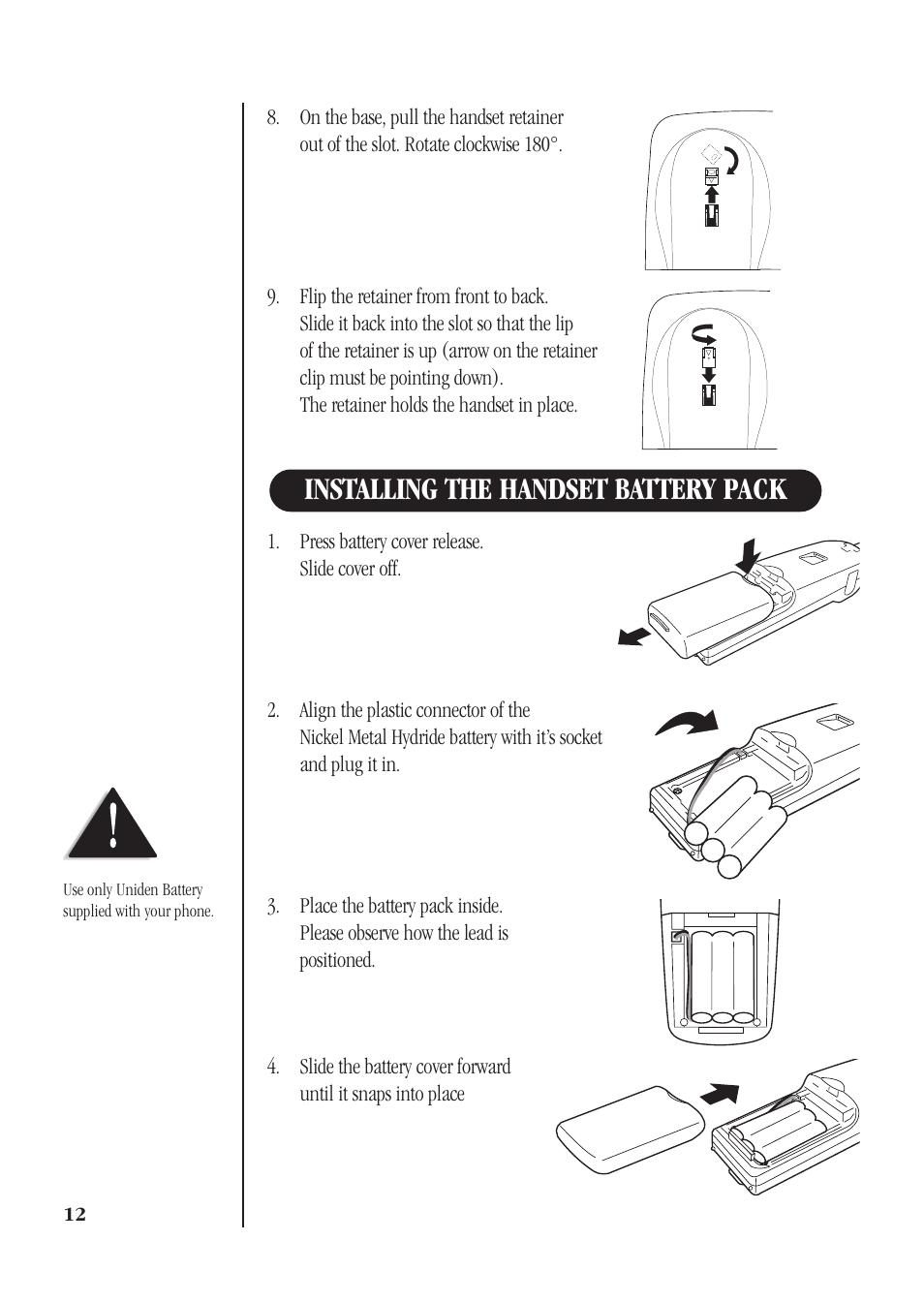 Installing the handset battery pack | Uniden DS73 User Manual | Page 16 / 36