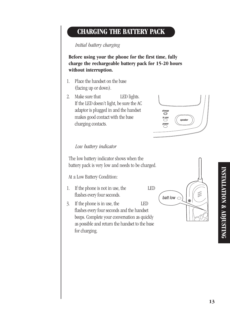 Charging the battery pack, Inst alla tion & adjusting | Uniden DS73 User Manual | Page 17 / 36