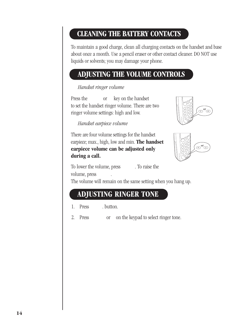 Cleaning the battery contacts, Adjusting the volume controls, Adjusting ringer tone | Uniden DS73 User Manual | Page 18 / 36