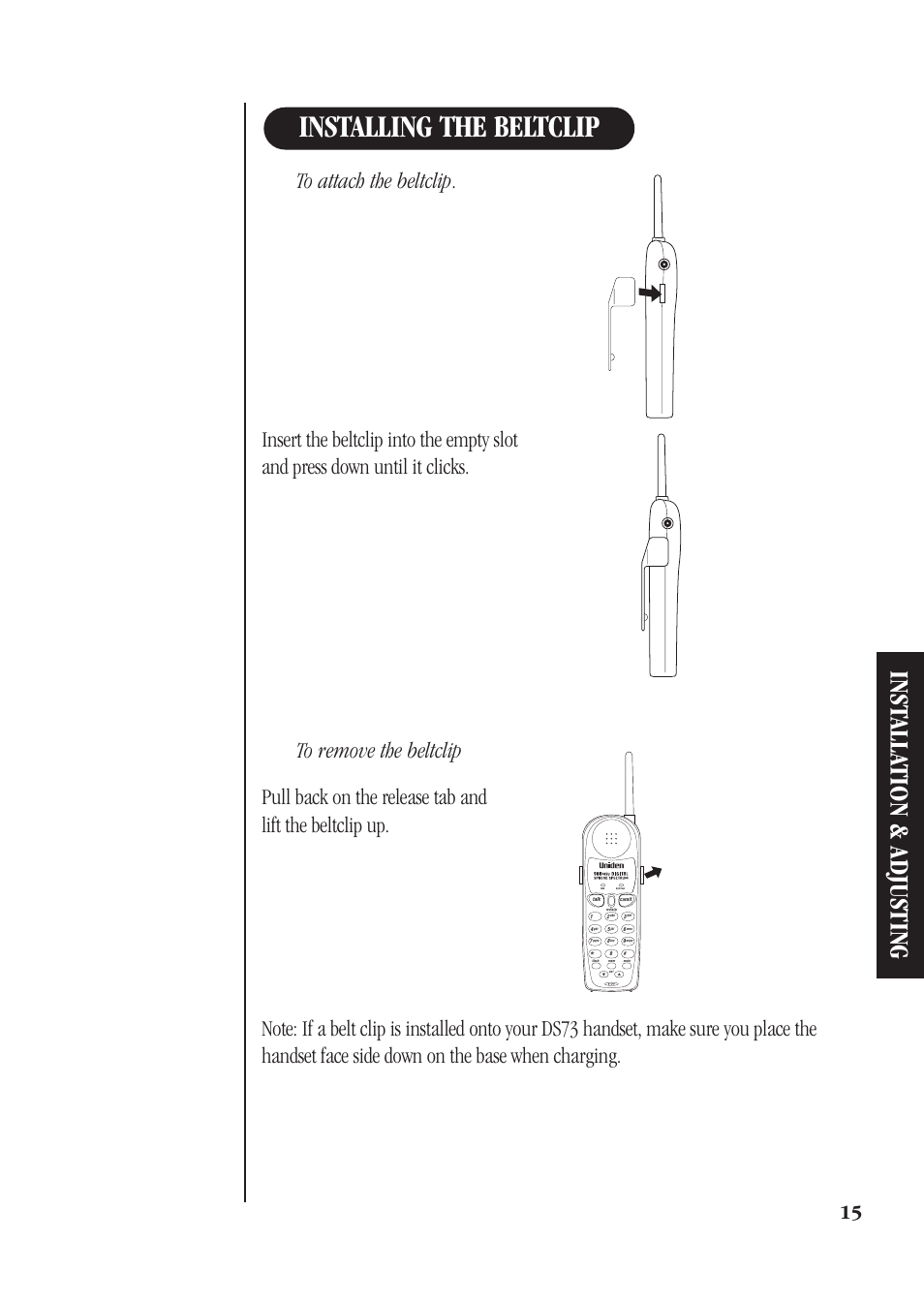 Installing the beltclip, Inst alla tion & adjusting | Uniden DS73 User Manual | Page 19 / 36