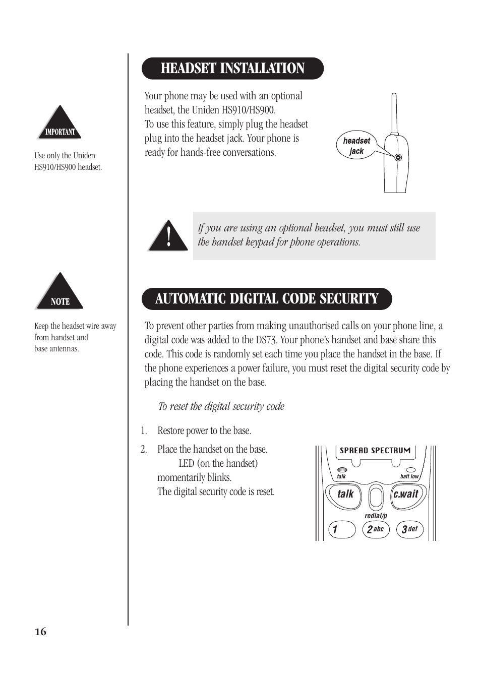 Headset installation, Automatic digital code security | Uniden DS73 User Manual | Page 20 / 36