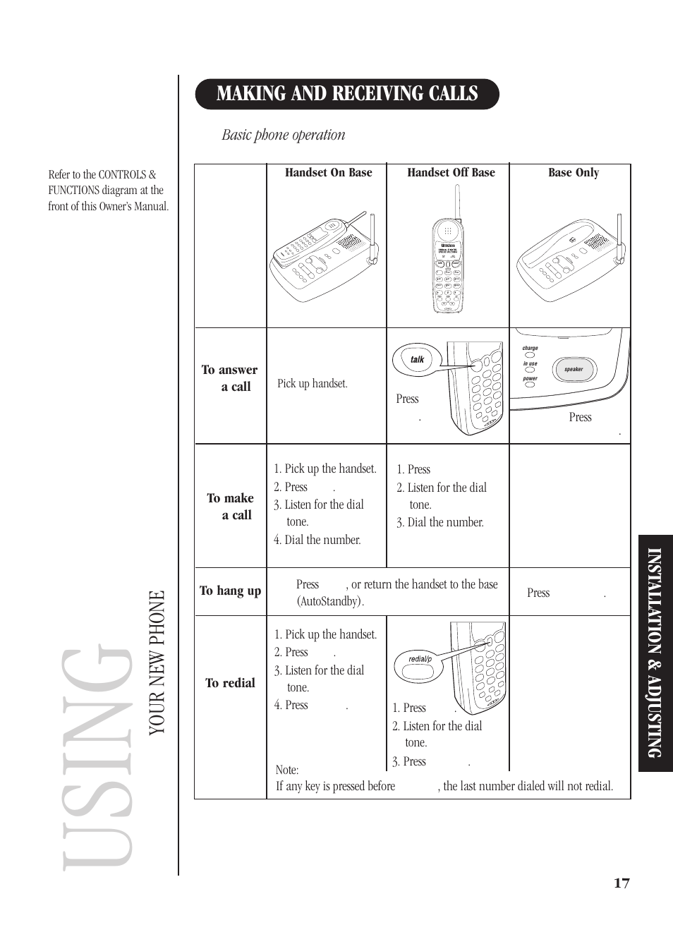 Using your new phone, Making and receiving calls, Using | Your new phone making and receiving calls, Inst alla tion & adjusting, Basic phone operation, Redial, Talk | Uniden DS73 User Manual | Page 21 / 36