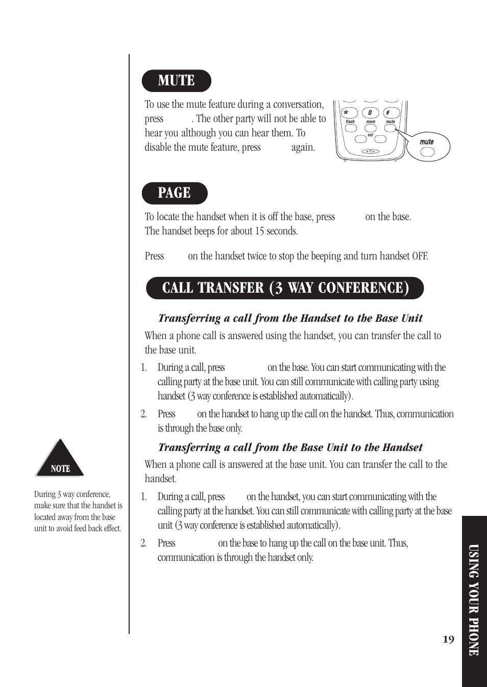 Mute, Call transfer (3 way conference), Call transfer (3 way conference) page | Using your phone | Uniden DS73 User Manual | Page 23 / 36