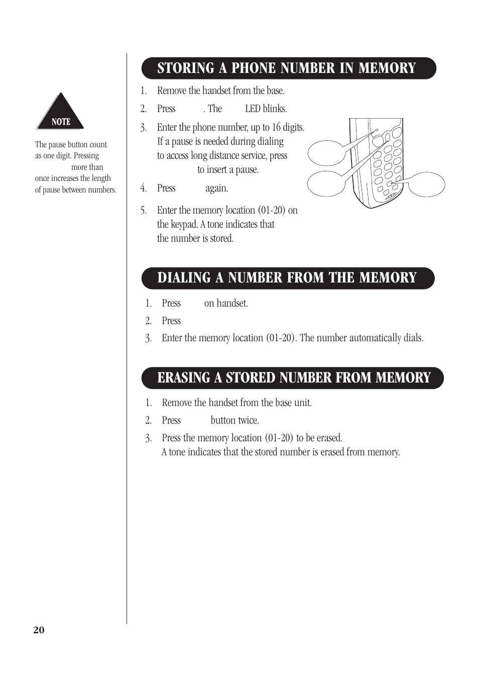 Storing a phone number in memory, Dialing a number from the memory, Erasing a stored number from memory | Uniden DS73 User Manual | Page 24 / 36