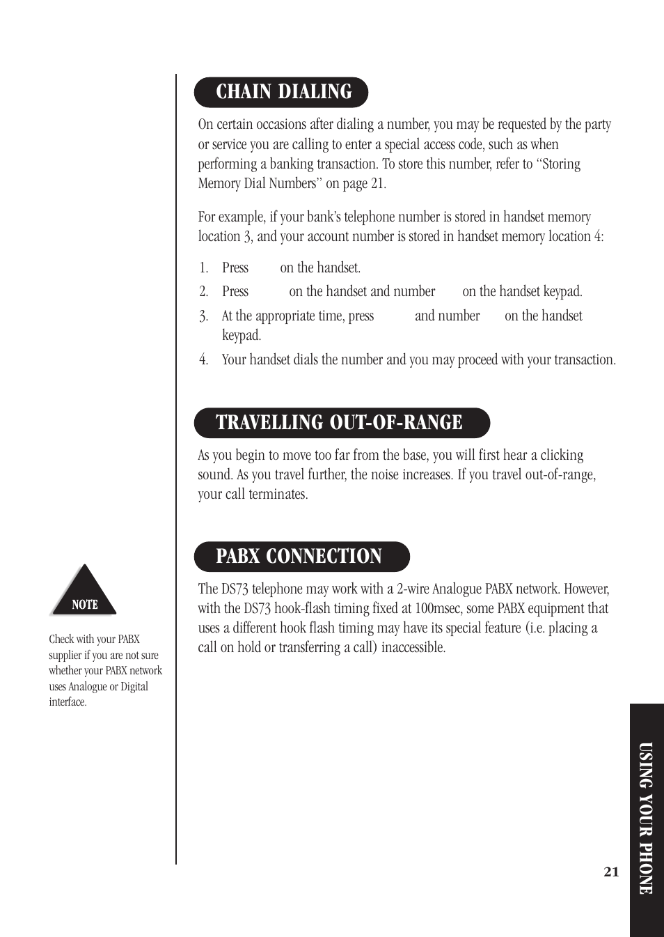 Chain dialing, Travelling out-of-range, Pabx connection | Using your phone | Uniden DS73 User Manual | Page 25 / 36