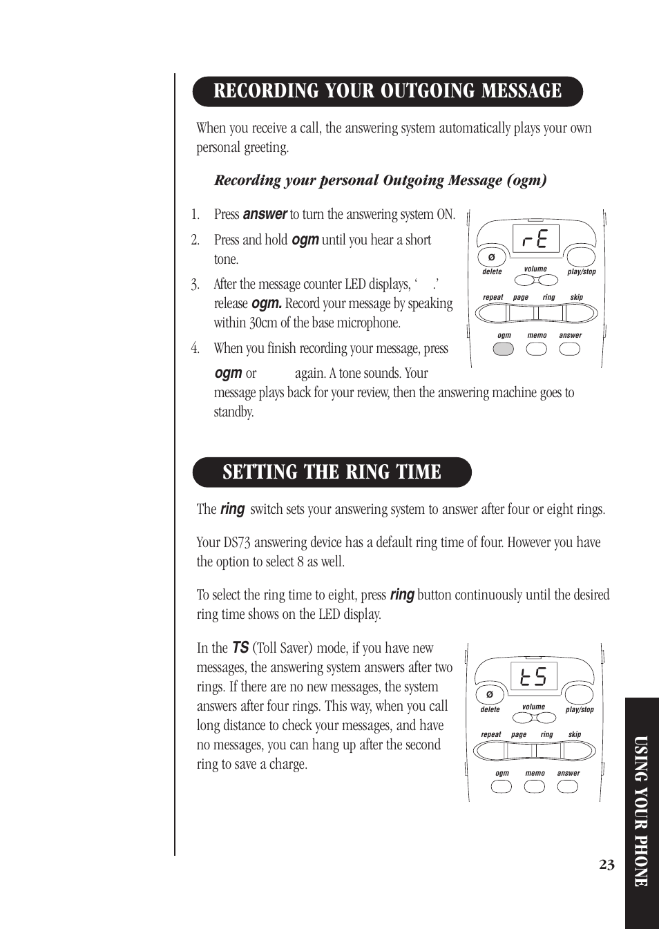 Recording your outgoing message, Setting the ring time, Using your phone | Uniden DS73 User Manual | Page 27 / 36