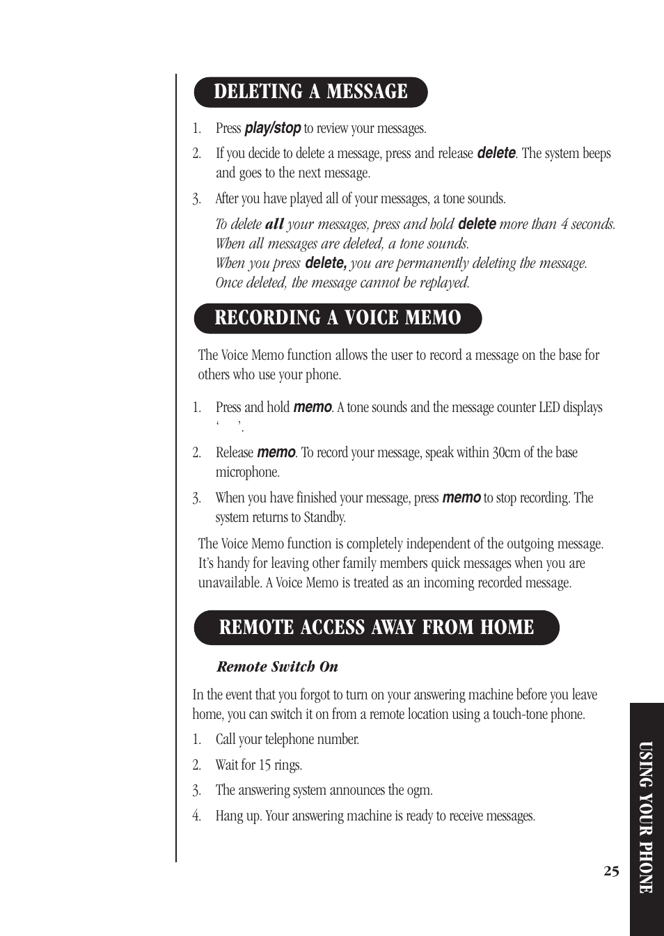 Deleting a message, Recording a voice memo, Remote access away from home | Using your phone | Uniden DS73 User Manual | Page 29 / 36