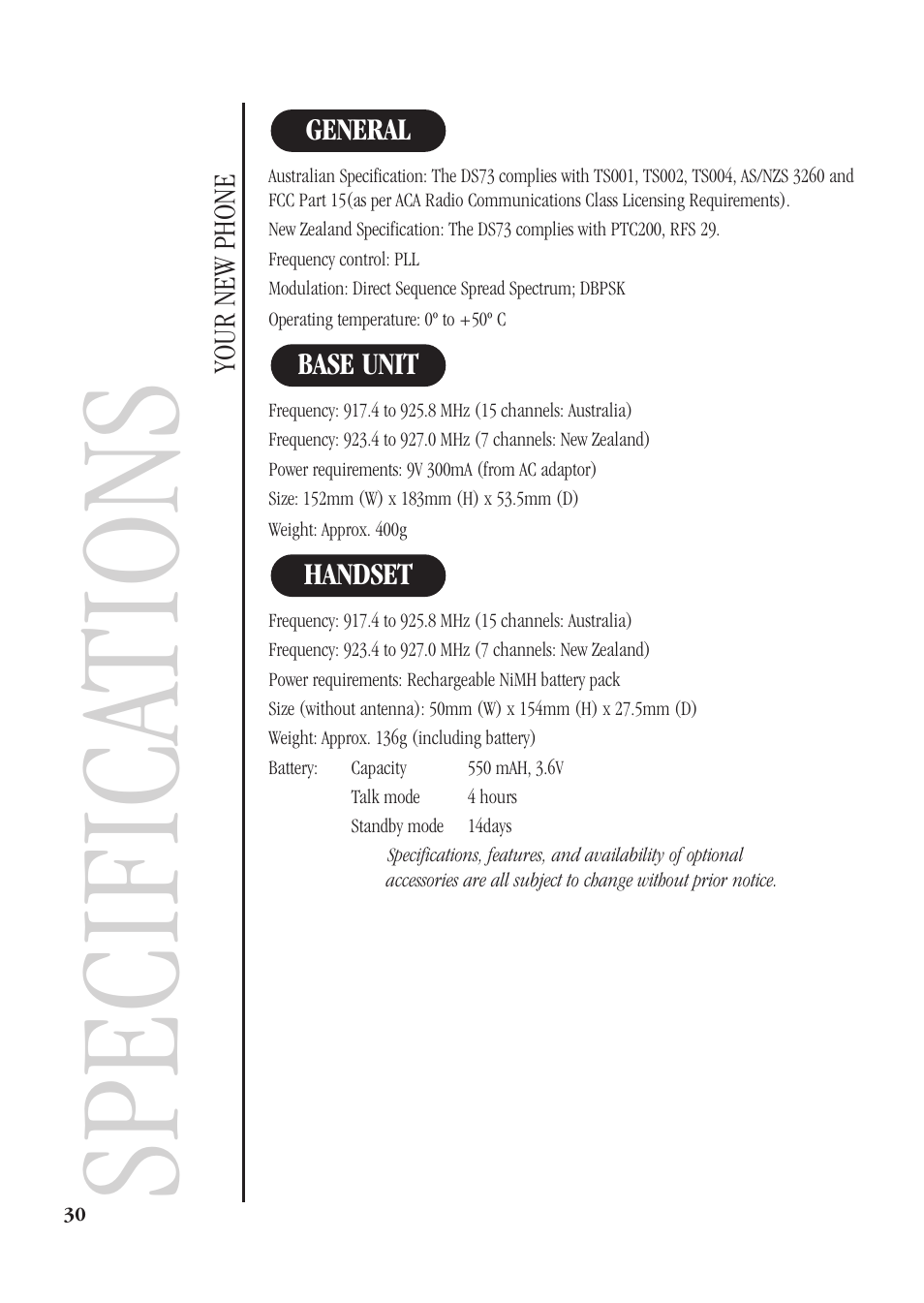 Specifications, Specifica tions | Uniden DS73 User Manual | Page 34 / 36