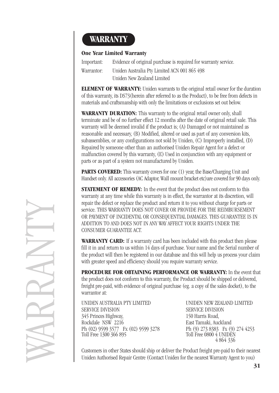 Warranty | Uniden DS73 User Manual | Page 35 / 36