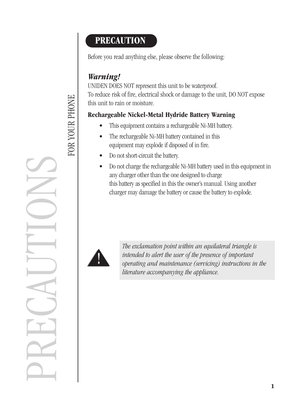 Precaution, Warning, Precautions | Uniden DS73 User Manual | Page 5 / 36