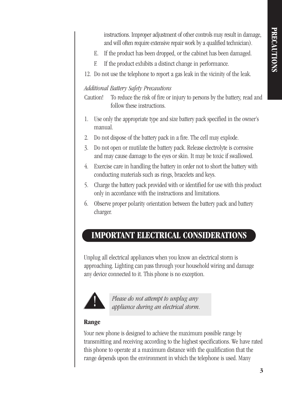 Important electrical considerations, Range, Precautions | Uniden DS73 User Manual | Page 7 / 36