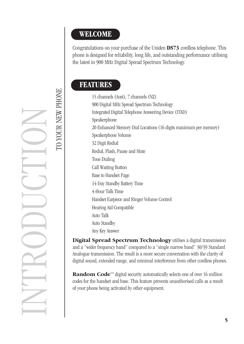 Welcome, Features, Introduction | Features welcome to your new phone | Uniden DS73 User Manual | Page 9 / 36