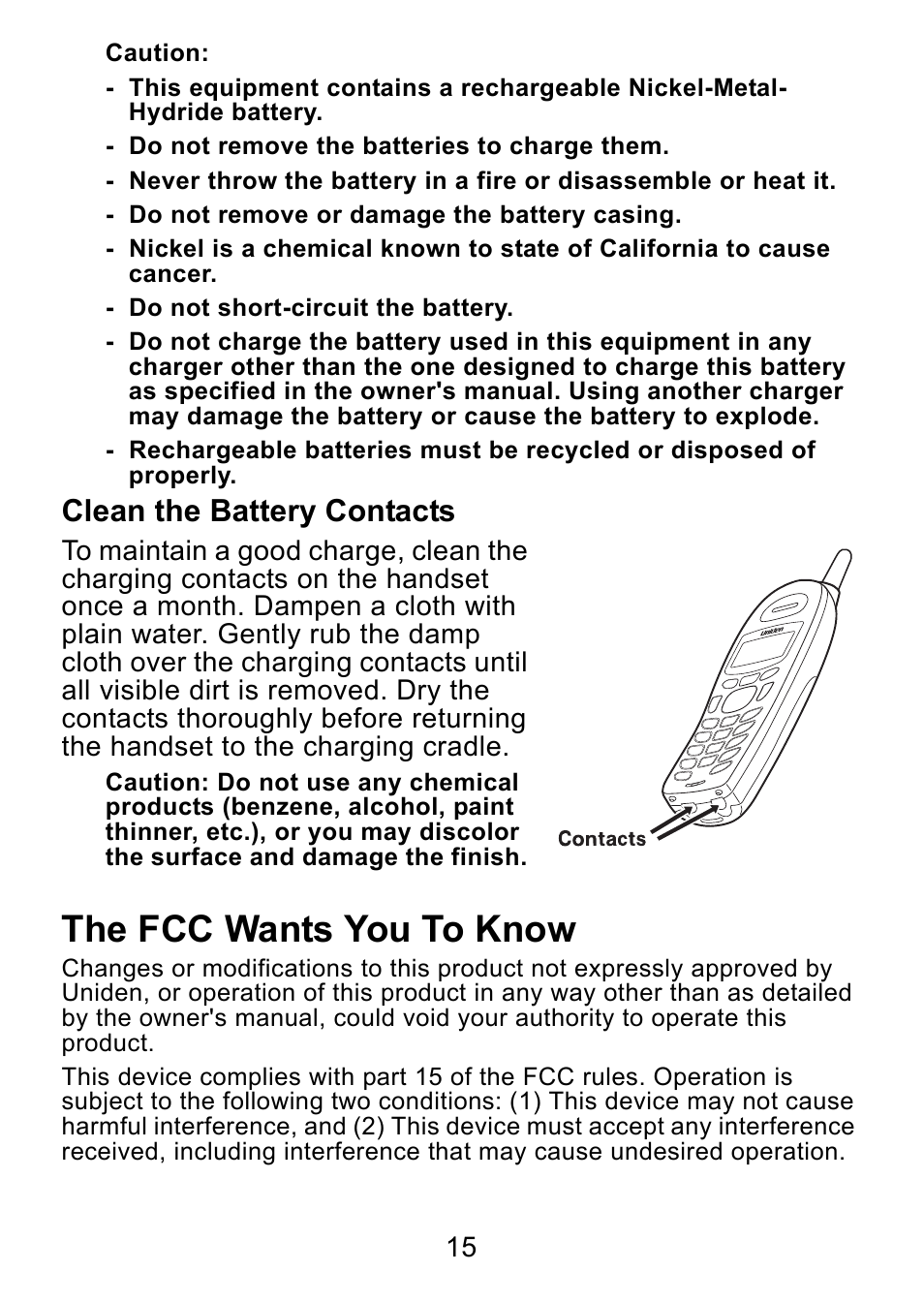 Clean the battery contacts, The fcc wants you to know | Uniden DCX730 Series User Manual | Page 16 / 20