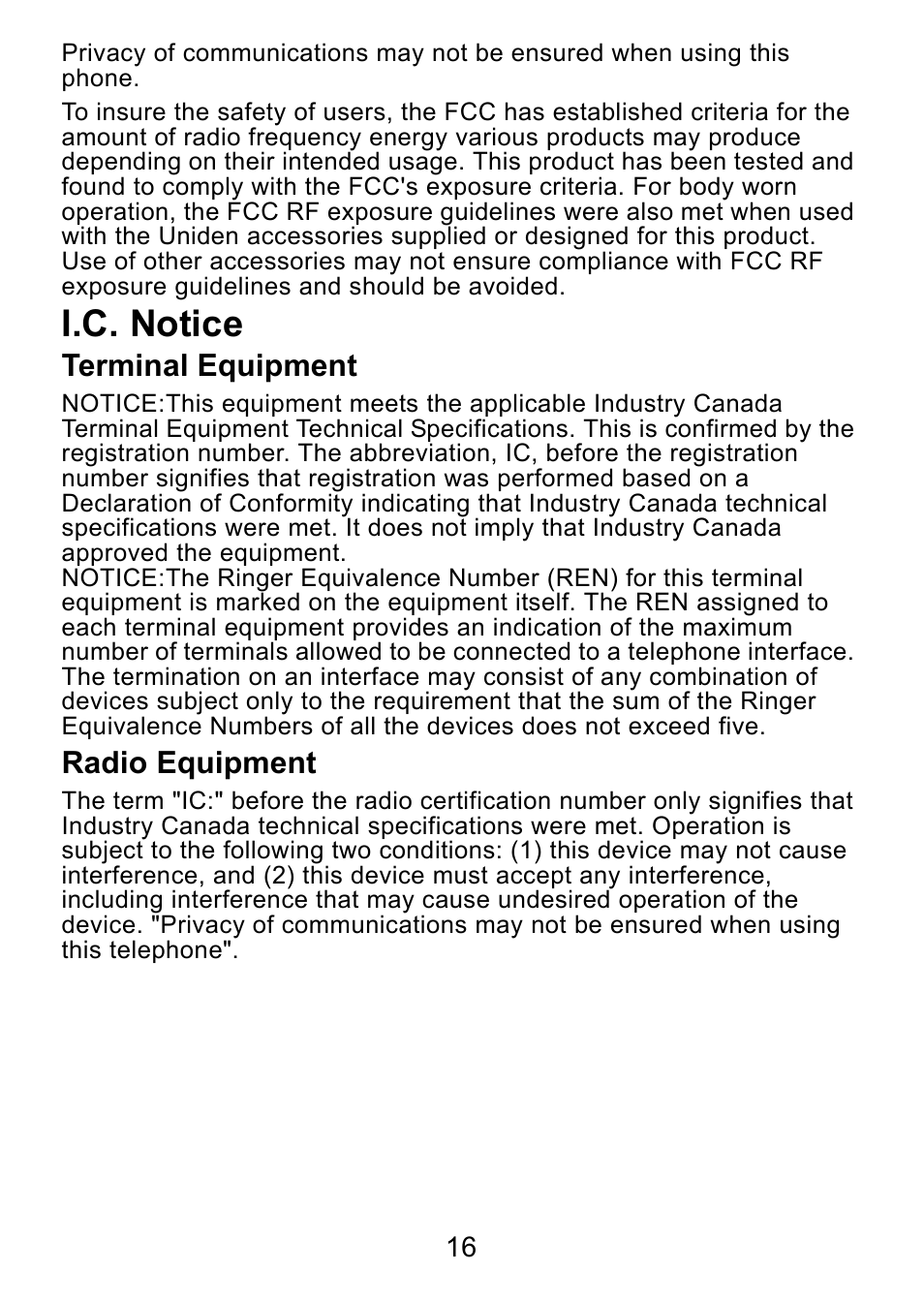 I.c. notice, Terminal equipment, Radio equipment | Uniden DCX730 Series User Manual | Page 17 / 20