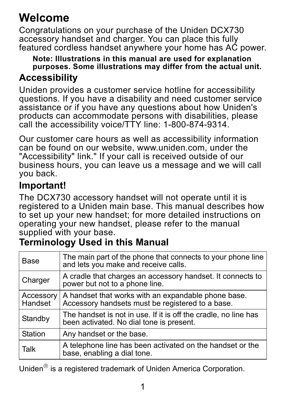 Welcome, Accessibility, Important | Terminology used in this manual | Uniden DCX730 Series User Manual | Page 2 / 20