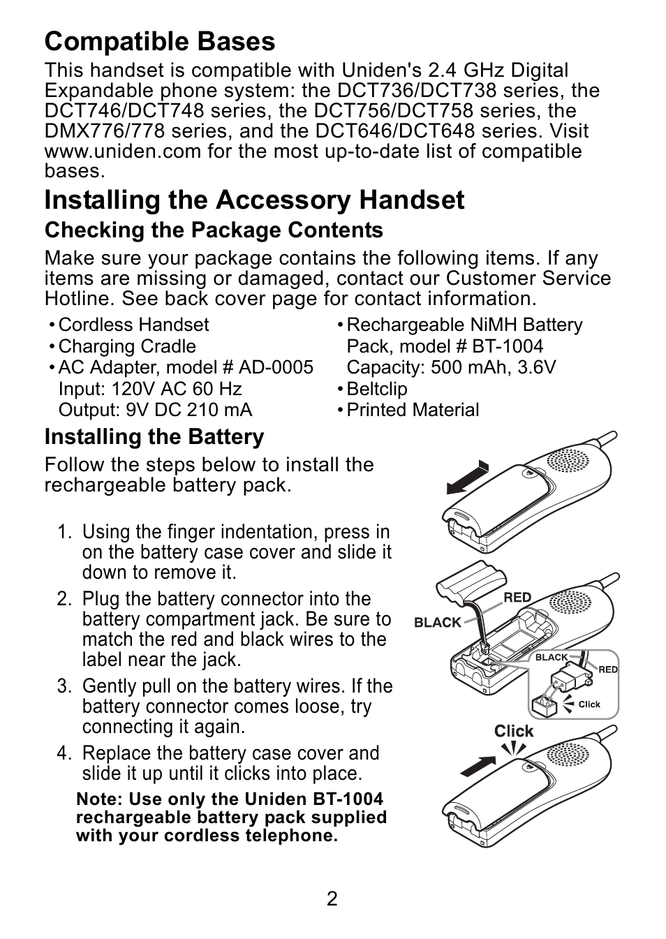 Compatible bases, Installing the accessory handset, Checking the package contents | Installing the battery | Uniden DCX730 Series User Manual | Page 3 / 20