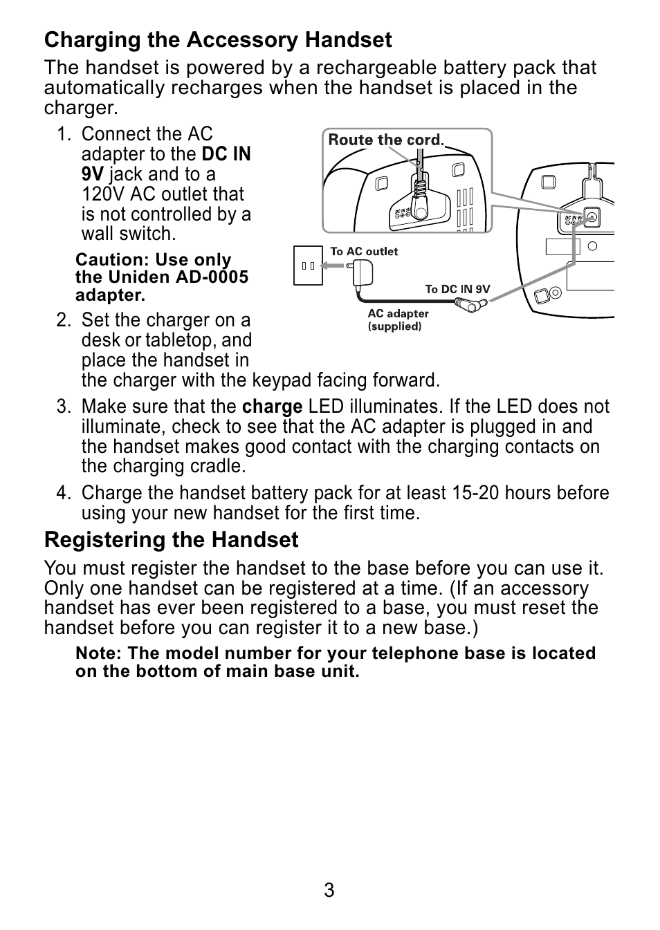 Charging the accessory handset, Registering the handset | Uniden DCX730 Series User Manual | Page 4 / 20