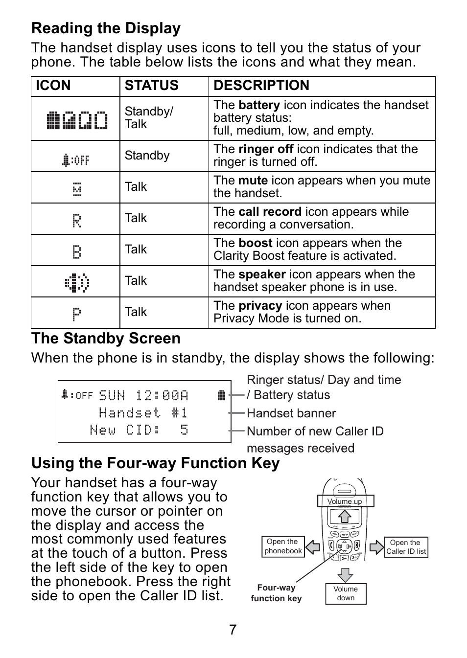 Reading the display, The standby screen, Using the four-way function key | Uniden DCX730 Series User Manual | Page 8 / 20